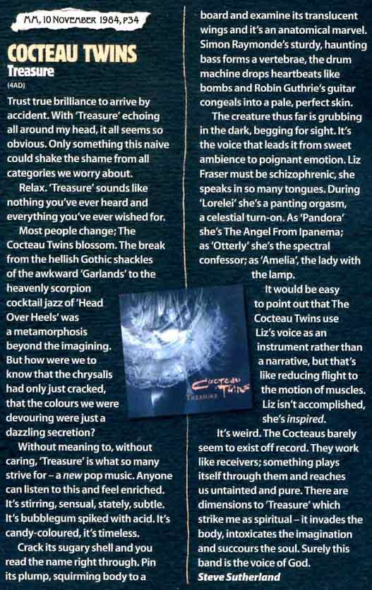 Steven Sutherland&rsquo;s daring review of Treasure, 1984. Notice the last sentence. Source: official site