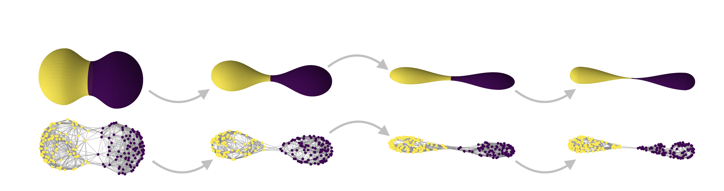 Stylised representation of the evolution of the data manifold and the corresponding discrete graphs. Source: Hehl et. al. 2025